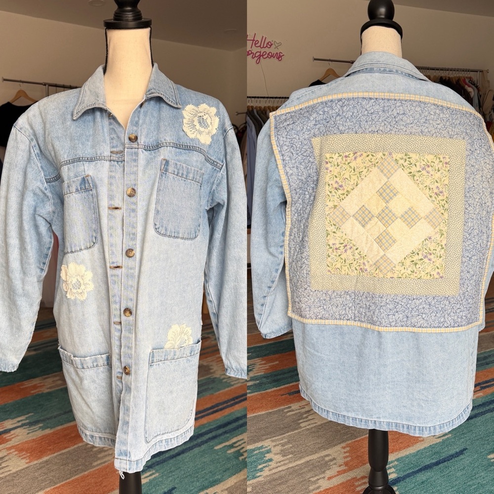 Vintage Denim Chore Coat Floral Accents Quilted Back Upcycled Reworked